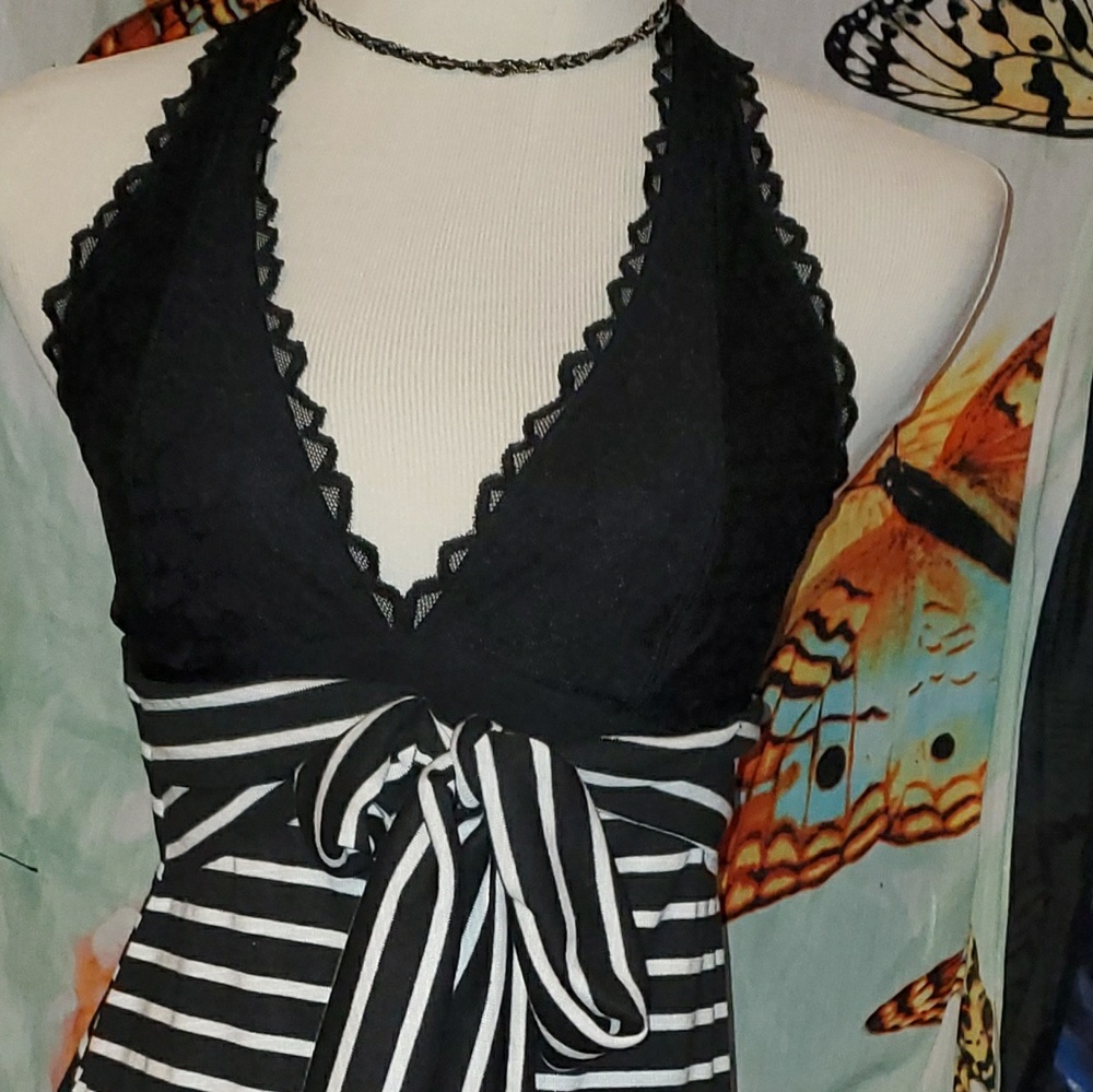 VS Black lace bralette & Striped Skirt